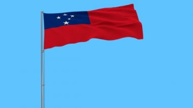 Samoa bayrağı üzerinde saf mavi arka plan, 3d render rüzgarla içinde çırpınan bayrak direği