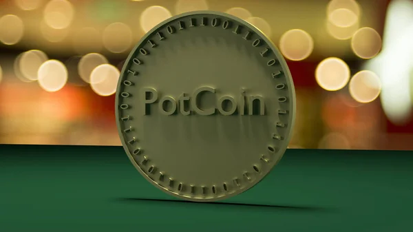 Gouden munt met het opschrift Potcoin staat op een groene doek, tegen een achtergrond van een vakantie. — Stockfoto