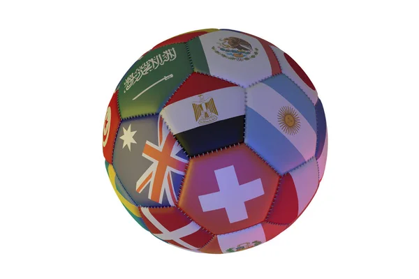 Isolated realistic football with flags of countries, in the center of Egypt, Argentina, Australia and Switzerland, 3d rendering. — Stock Photo, Image