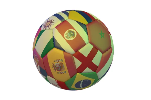 Isolerade realistisk fotboll med flaggor av länderna, i den center i Nigeria, Costa Rica, Marocko, England och Spanien, 3d-rendering. — Stockfoto