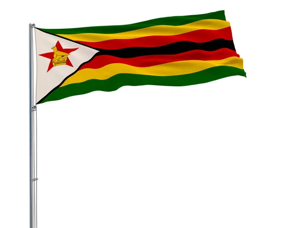 Vlajka Zimbabwe na stožáru vlaje ve větru na bílém pozadí, 3d vykreslování. — Stock fotografie