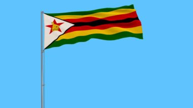 Saf mavi arka plan, 3d render rüzgarla içinde çırpınan bayrak direğine Zimbabve bayrağı.