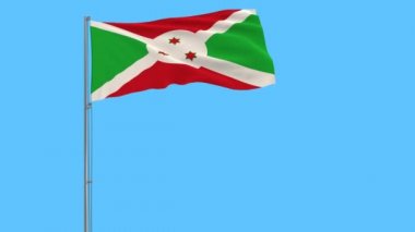 Burundi bayrağı mavi arka plan, 3d render rüzgarla içinde çırpınan bir bayrak direği üzerinde izole.