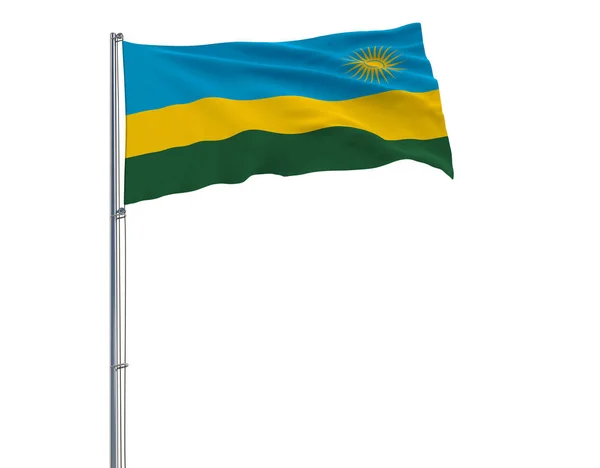 Vlag van Rwanda op de vlaggenmast wapperen in de wind op een witte achtergrond, 3D-rendering. — Stockfoto