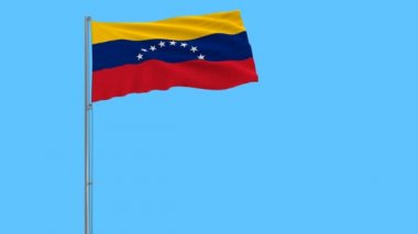 Saf mavi arka plan, 3d render rüzgarla içinde çırpınan bayrak direğine Venezuela bayrağı.