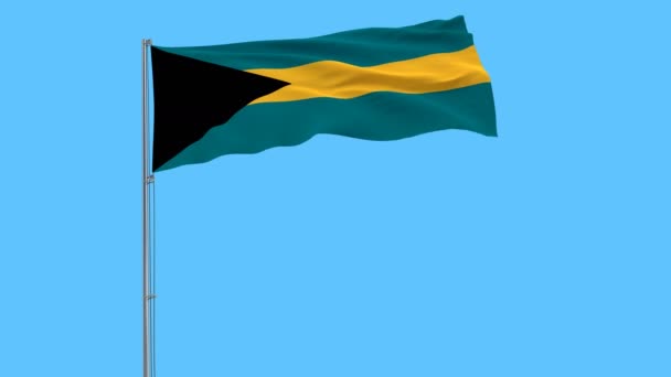 Απομονώσετε σημαία Μπαχάμες σε ένα κοντάρι σημαίας που κυματίζει στον αέρα σε μπλε φόντο, 3d rendering. — Αρχείο Βίντεο