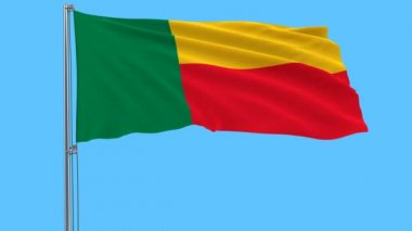 Benin bayrağı mavi arka plan, 3d render rüzgarla içinde çırpınan bir bayrak direği üzerinde izole.