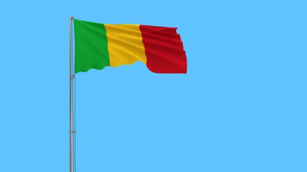 Isolierte Flagge von Mali auf einem Fahnenmast, der im Wind auf blauem Hintergrund flattert, 3D-Darstellung. — Stockvideo