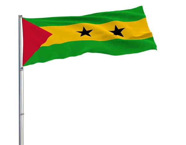 Vlag van Sao Tomé en Principe op de vlaggenmast wapperen in de wind op een zuiver witte achtergrond, 3D-rendering. — Stockfoto