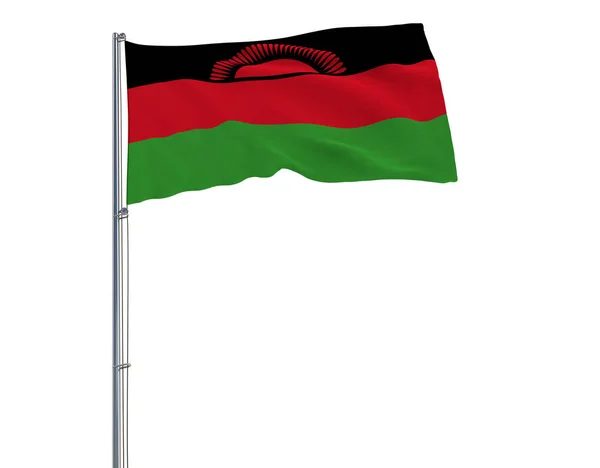 Izolovat vlajka Malawi na stožáru vlaje ve větru na bílém pozadí, 3d vykreslování. — Stock fotografie
