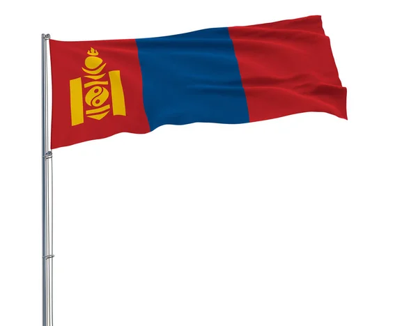 Aislar la bandera de Mongolia en un asta de la bandera ondeando en el viento sobre un fondo blanco, 3d representación . — Foto de Stock