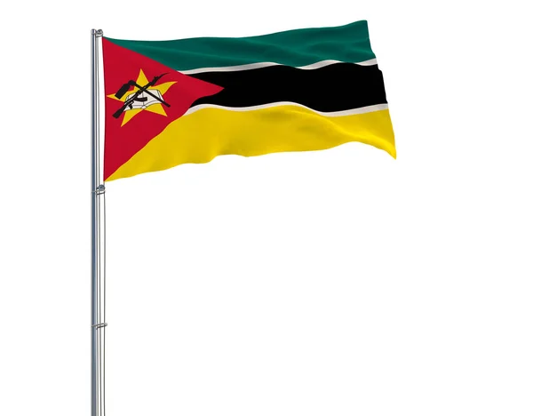 Izolowanie flaga Mozambiku na masztem łopocze na wietrze na białym tle, renderowania 3d. — Zdjęcie stockowe
