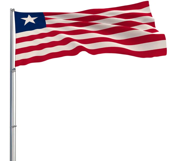 Aislar la bandera de Liberia en un asta de la bandera ondeando en el viento sobre un fondo blanco, 3d representación . —  Fotos de Stock