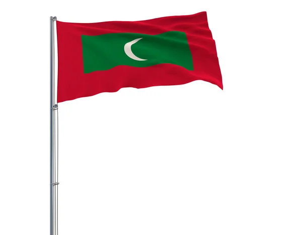 Drapeau des Maldives sur le mât flottant dans le vent sur fond blanc, rendu 3d . — Photo