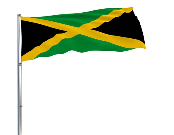 Bandeira da Jamaica no mastro da bandeira que flutua no vento no fundo branco, renderização 3d . — Fotografia de Stock