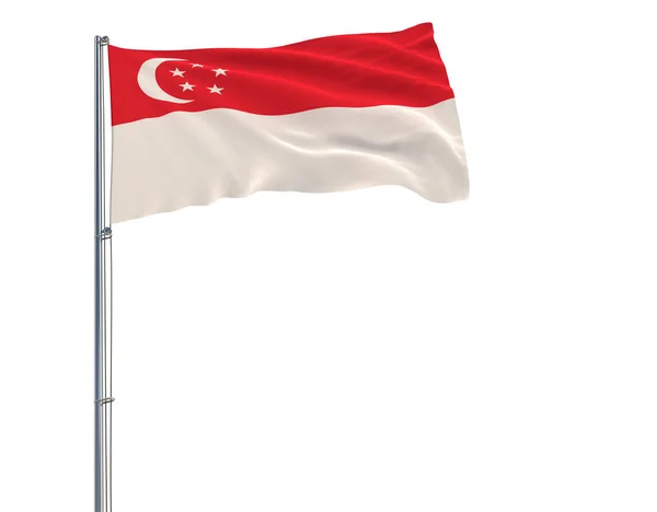 Bandiera di Singapore su pennone sventolante nel vento su sfondo bianco, rendering 3d . — Foto Stock