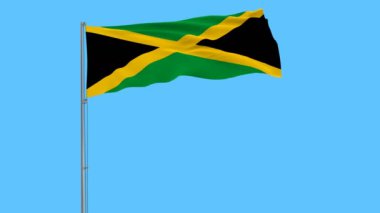Mavi arka plan, 3d render rüzgarla içinde çırpınan bayrak direğine Jamaika bayrağı