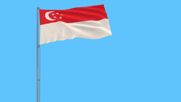 Vlag Van Singapore Vlaggenmast Wapperen Wind Blauwe Achtergrond Rendering — Stockvideo