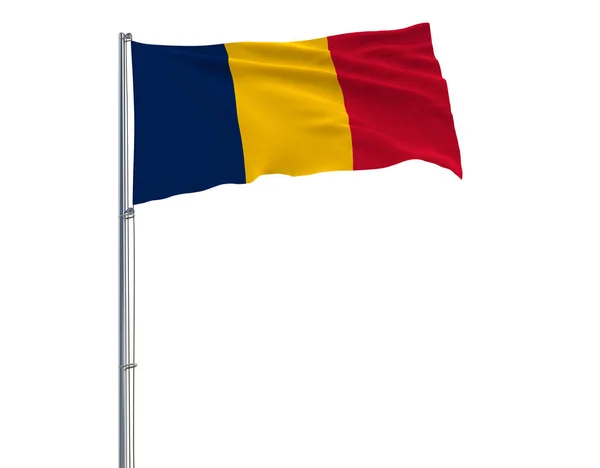 Aislar la bandera de Chad en un asta de la bandera ondeando en el viento sobre un fondo blanco, 3d representación . — Foto de Stock