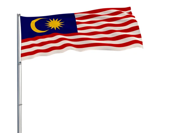 Isolierte Flagge von Malaysia auf einem Fahnenmast, der im Wind auf weißem Hintergrund flattert, 3D-Darstellung. — Stockfoto