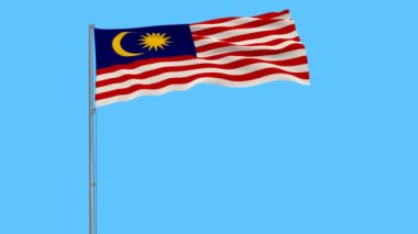 Malezya bayrağı mavi arka plan, 3d render rüzgarla içinde çırpınan bir bayrak direği üzerinde izole