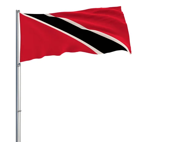 Isolierte Flagge von Trinidad und Tobago auf einem Fahnenmast, der im Wind auf weißem Hintergrund flattert, 3D-Darstellung. — Stockfoto