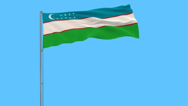 Aislar Bandera Uzbekistán Asta Bandera Ondeando Viento Sobre Fondo Azul — Vídeos de Stock