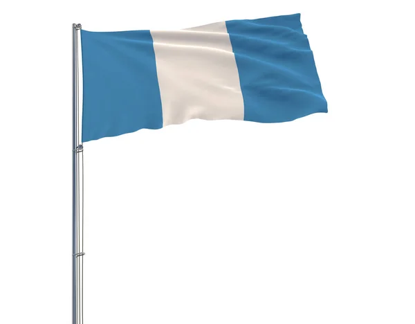 Isolar a bandeira civil da Guatemala em um mastro de bandeira que flutua no vento em um fundo branco, renderização 3d . — Fotografia de Stock