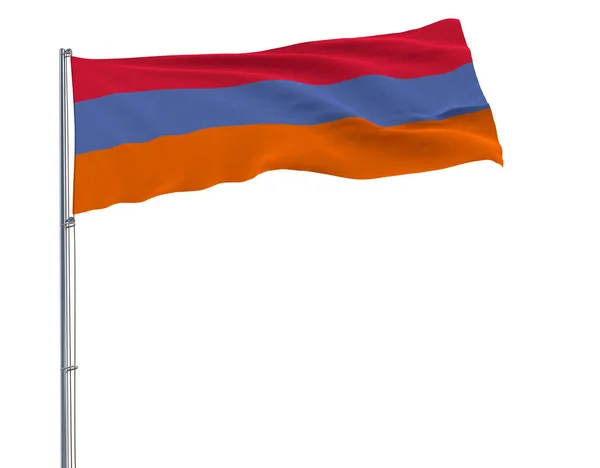 Ermenistan bayrağı ile beyaz bir arka plan üzerinde rüzgarda sallayarak bayrak direği üzerinde değişik renk varyantı. — Stok fotoğraf