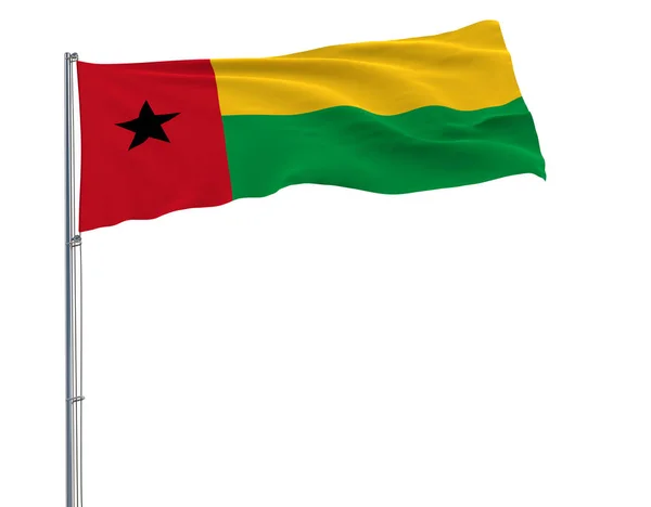 Aislar la bandera de Guinea Bissau en un asta de la bandera ondeando en el viento sobre un fondo blanco, 3d representación . — Foto de Stock