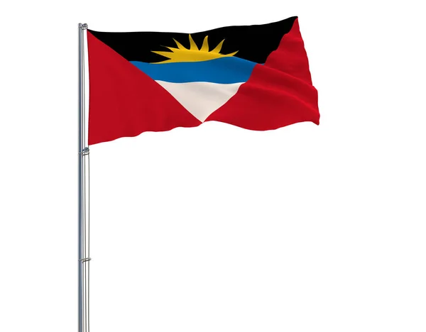 Aislar la bandera de Antigua y Barbuda en un asta de la bandera ondeando en el viento sobre un fondo blanco, 3d representación . — Foto de Stock