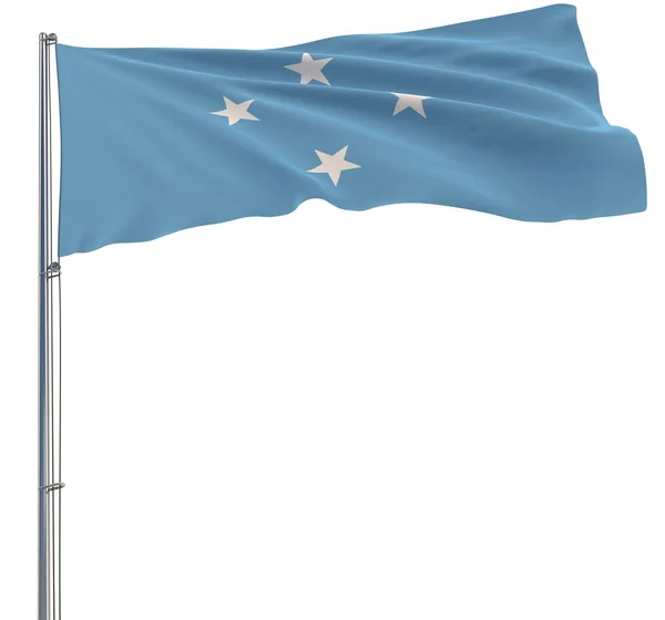 Bandera aislada de los Estados Federados de Micronesia, sobre un asta de la bandera ondeando en el viento sobre un fondo blanco, representación 3d . — Foto de Stock