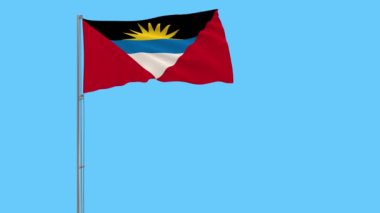 Antigua ve Barbuda bayrağı mavi arka plan, 3d render rüzgarla içinde çırpınan bir bayrak direği üzerinde izole
