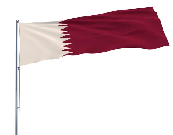 Drapeau isolé du Qatar sur un mât flottant dans le vent sur fond blanc, rendu 3d . — Photo