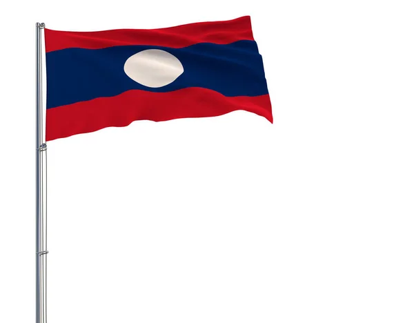 Aislar la bandera de Laos en un asta de la bandera ondeando en el viento sobre un fondo blanco, 3d representación . — Foto de Stock