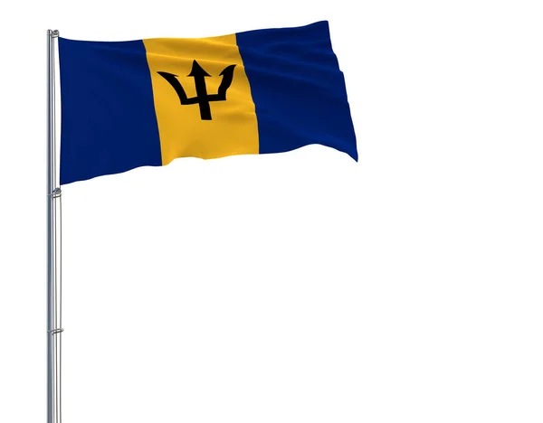 Isolar a bandeira de Barbados em um mastro de bandeira que flutua no vento em um fundo branco, renderização 3d . — Fotografia de Stock
