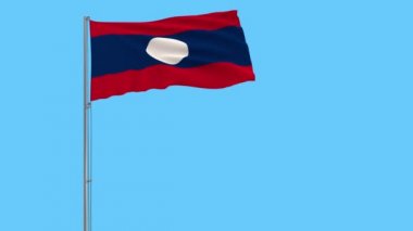 Laos bayrağı mavi arka plan, 3d render rüzgarla içinde çırpınan bir bayrak direği üzerinde izole