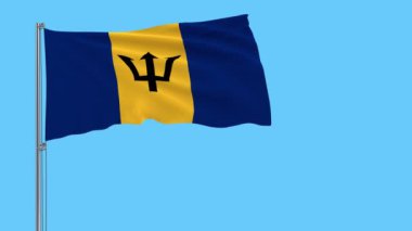 Barbados bayrağı mavi arka plan, 3d render rüzgarla içinde çırpınan bir bayrak direği üzerinde izole