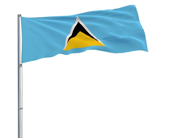 Isolate flag of Saint Lucia on a flagpole fluttering in the wind on a white background, 3d rendering. — Stock Photo, Image