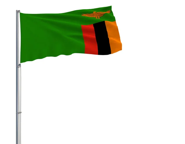 Изолировать флаг Замбии на флагштоке, развевающемся на ветру на белом фоне, 3d рендеринг . — стоковое фото