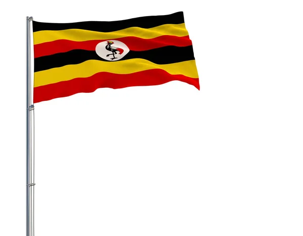 Bandiera isolata dell'Uganda su un pennone sventolante nel vento su uno sfondo bianco, rendering 3d . — Foto Stock