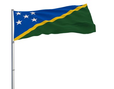 Beyaz bir arka planda 3d render rüzgarda çırpınan bir bayrak direğine Solomon Adaları bayrağı izole.