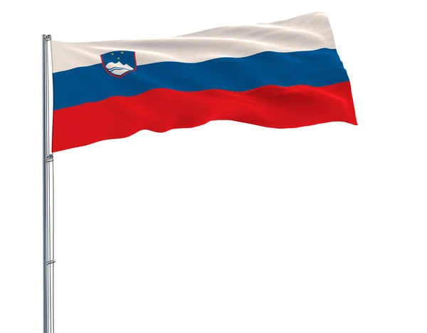 Изолировать флаг Словении на флагштоке, развевающемся на ветру на белом фоне, 3d рендеринг . — стоковое фото