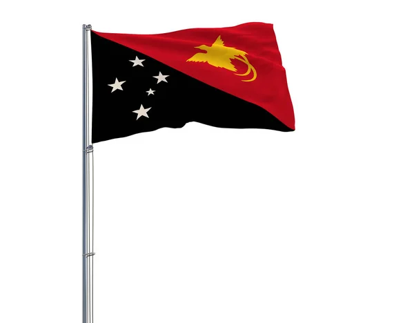 Isolierte Flagge von Papua Neuguinea auf einem Fahnenmast, der im Wind auf weißem Hintergrund flattert, 3D-Darstellung. — Stockfoto