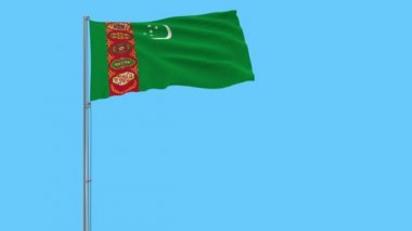 Türkmenistan bayrağı üzerinde mavi arka plan, 3d render rüzgarla içinde çırpınan bir bayrak direği