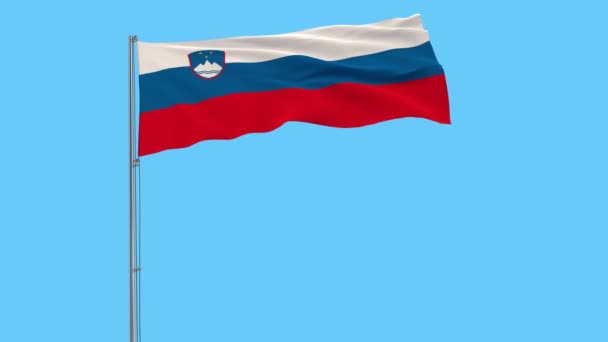 Vlag Van Slovenië Een Vlaggenmast Wapperen Wind Een Blauwe Achtergrond — Stockvideo