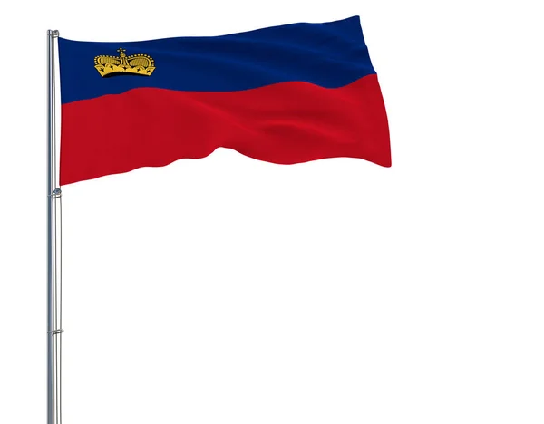 Isoleren van de vlag van Liechtenstein op een vlaggenmast wapperen in de wind op een witte achtergrond, 3D-rendering. — Stockfoto