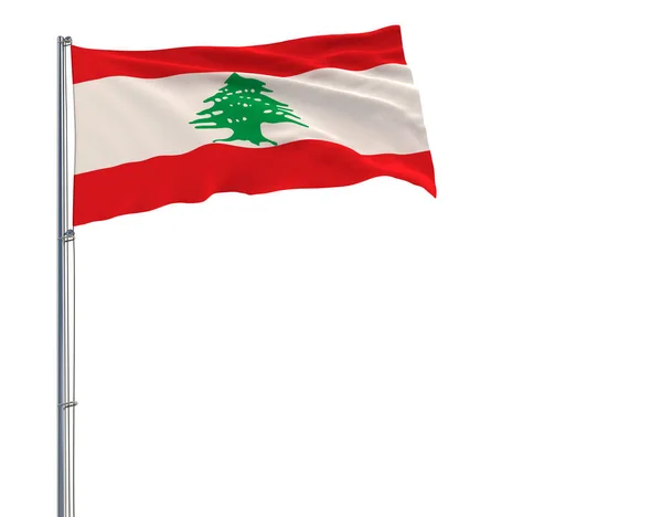Изолировать флаг Ливана на флагштоке, развевающемся на ветру на белом фоне, 3d рендеринг . — стоковое фото