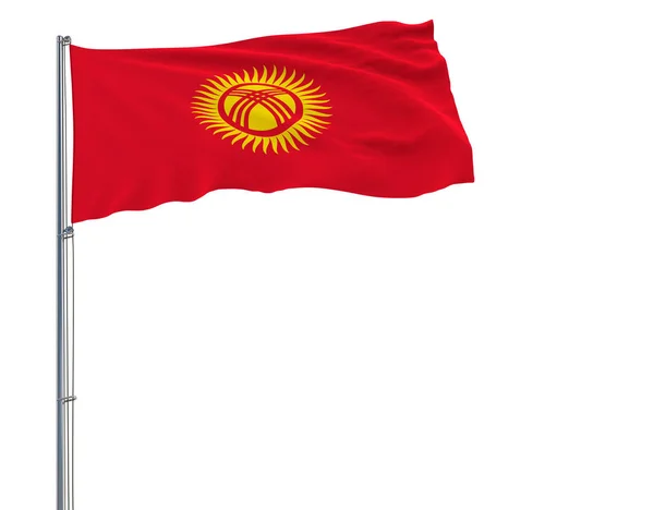 Isolierte Fahne von Kyrgyzstan auf einem Fahnenmast, der im Wind auf weißem Hintergrund flattert, 3D-Darstellung. — Stockfoto