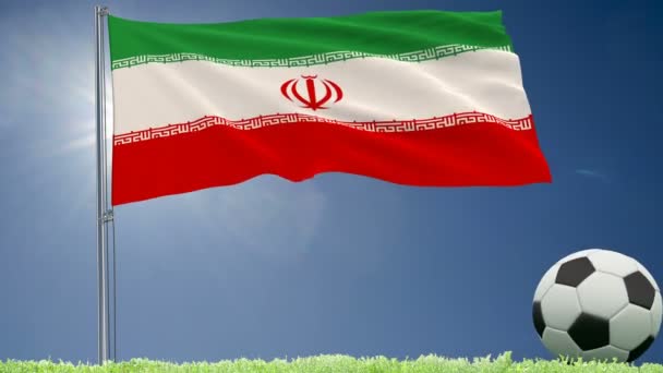 Flagge Von Iran Flattert Und Ein Fußball Rollt Auf Dem — Stockvideo